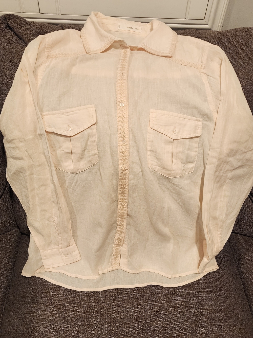 Mango Pale Cream Linen Blend Button-Front Shirt